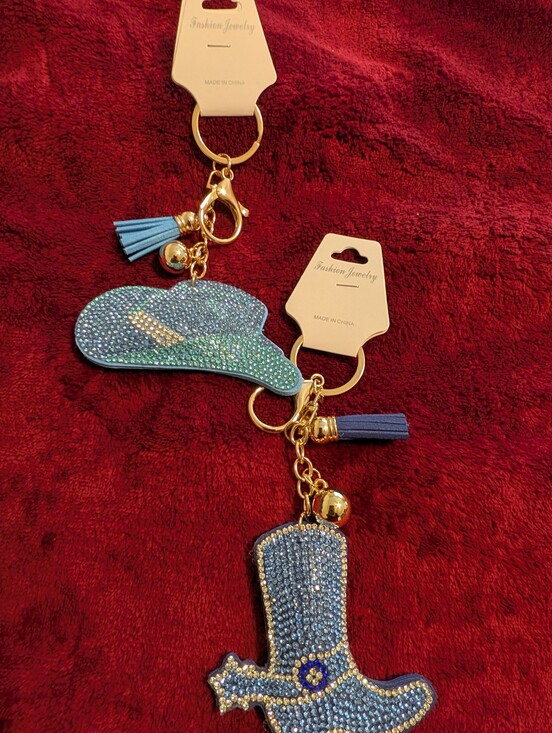 Fashion Jewelry Accessories - Blue Western  Cowboy Boot & Hat Keychain Bagcharm Set